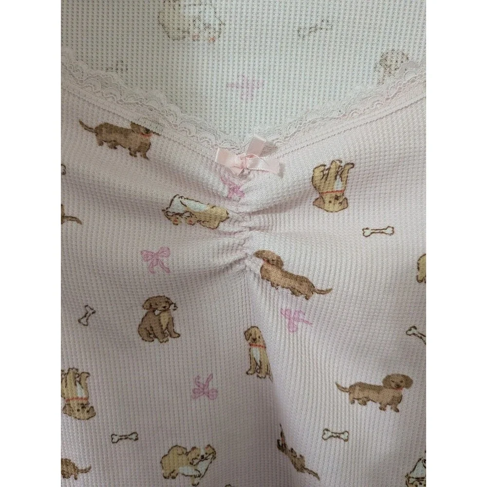 Pink Dog Print Pointelle Crop Top Lace Trim Girly Coquette Long Sleeve